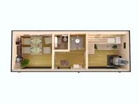 Баня ”Black Onyx” 2,5х7 м с панорамными окнами Планировка