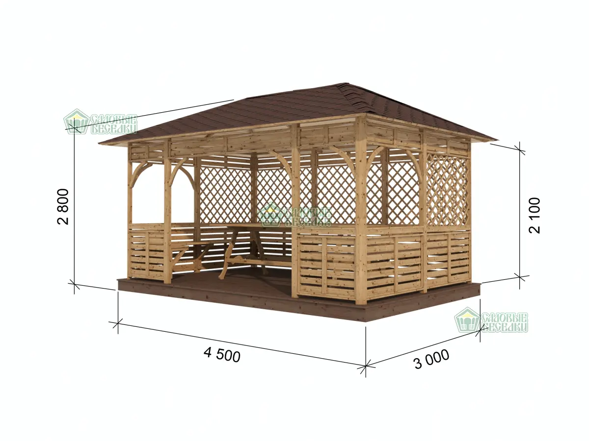 Чертеж и размеры деревянной веранды Аура XL размер 3Х4,5 №1