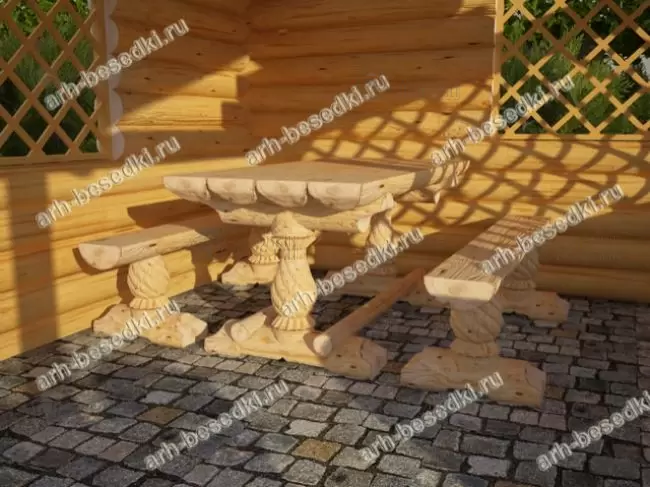 Стол со скамейками деревянный из бревна на резных ножках
